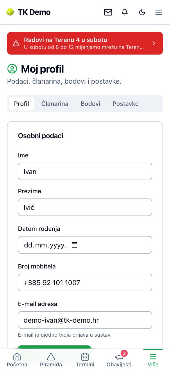 Moj profil → Postavke: obavijesti po klubu