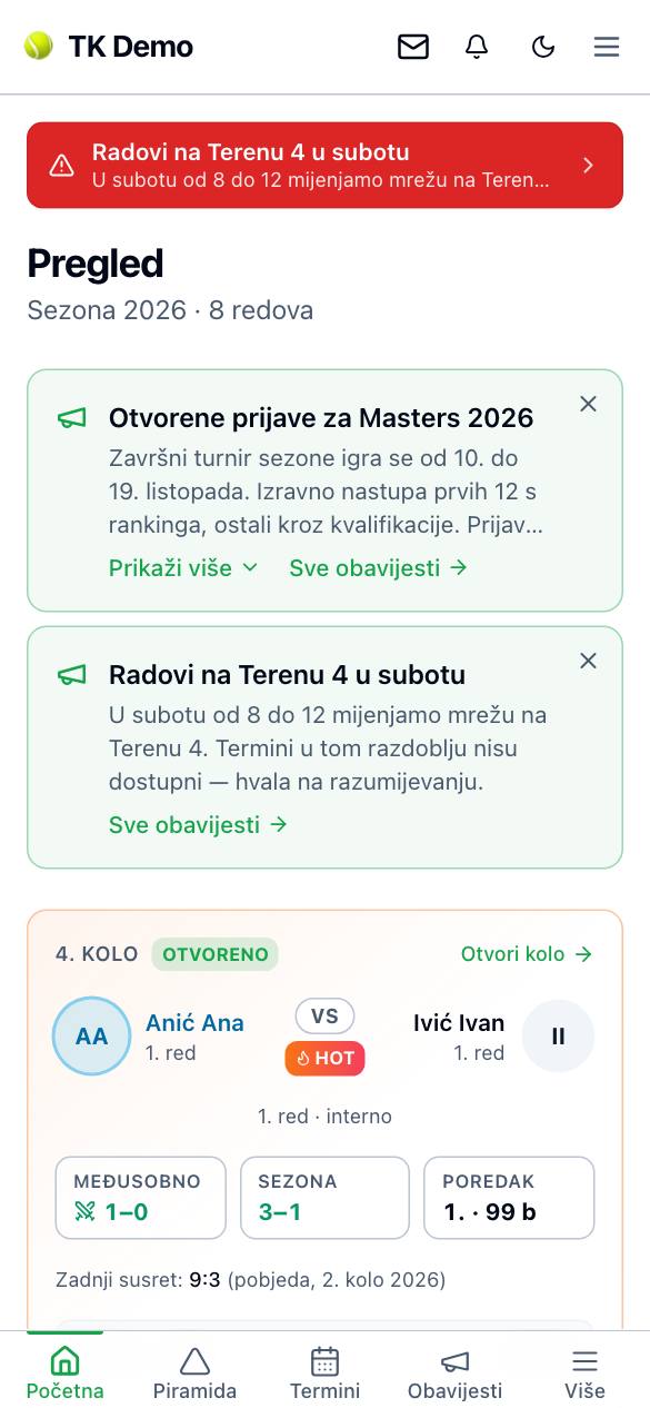 Početna na mobitelu s donjom trakom (Početna · Piramida · Termini · Obavijesti · Više)