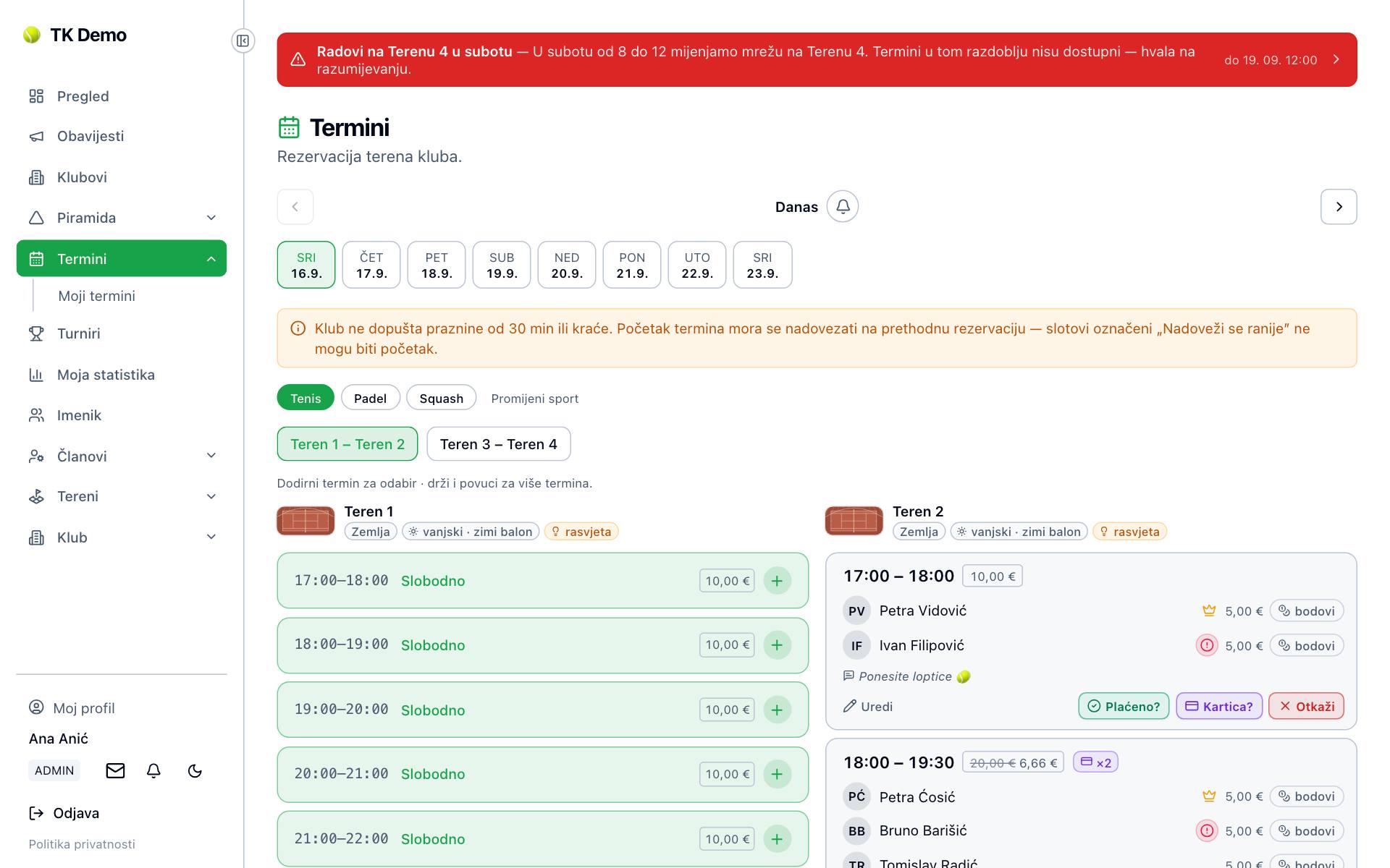 Kalendar kao admin: blokovi s radnjama Uredi · Plaćeno? · Kartica? · Otkaži
